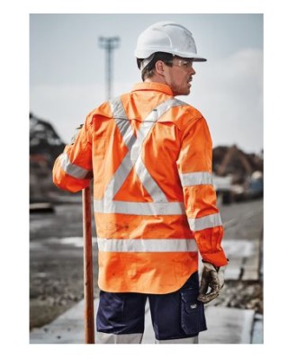 Men's Hi Vis Rail Drill Shirt-X Back Tape-Orange:Orange